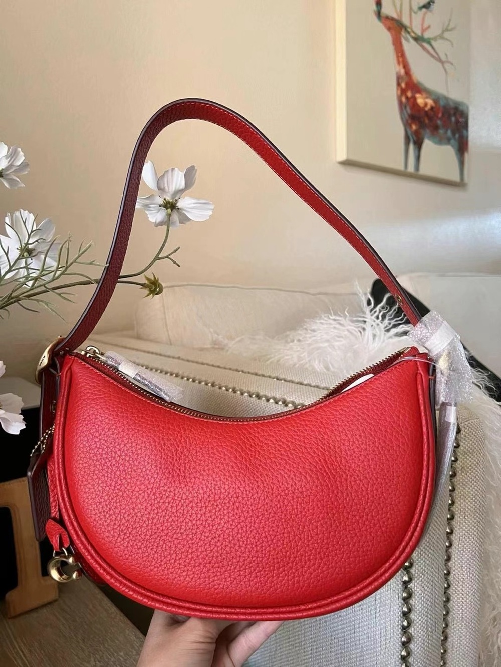 Coach Red Pebbled Leather Crescent Shoulder Bag